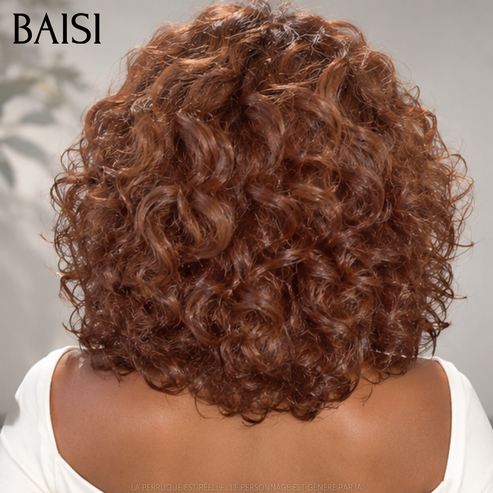 BAISI Perruques bouclé egg Wave avec Frange Marron 300% densité sans Colle Fabriqué à la Machine en 100% Cheveux Humains