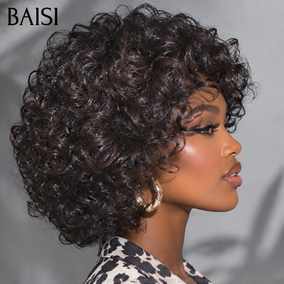 BAISI Offre Flash 66€ Perruque Egg Wave avec Frange en Noir Sans Lace Sans Colle en 100% Cheveux Humains