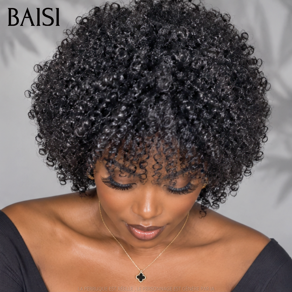 BAISI Perruque afro curly wave avec Frange 10 Pouces BOB Prêt à porter sans lace Fabriqué à la Machine Promotion 79€ NOIR en 100% Cheveux Humains