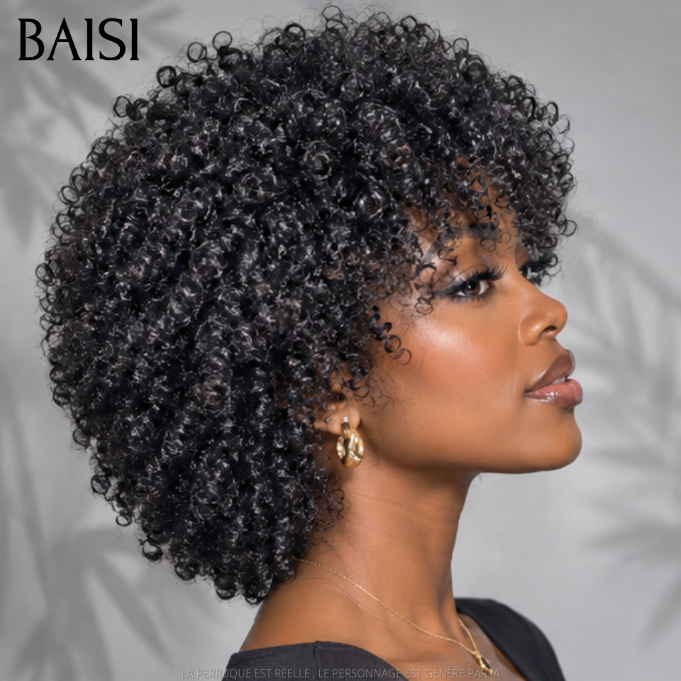 BAISI Perruque afro curly wave avec Frange 10 Pouces BOB Prêt à porter sans lace Fabriqué à la Machine Promotion 79€ NOIR en 100% Cheveux Humains
