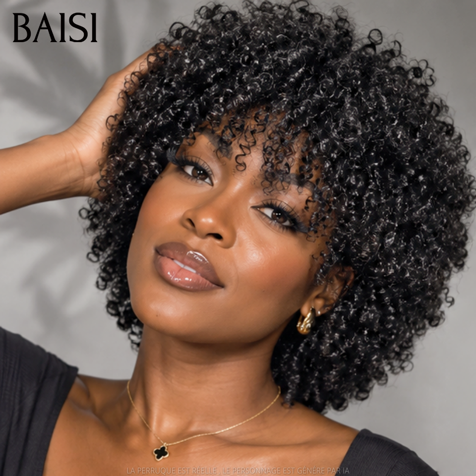 BAISI Perruque afro curly wave avec Frange 10 Pouces BOB Prêt à porter sans lace Fabriqué à la Machine Promotion 79€ NOIR en 100% Cheveux Humains