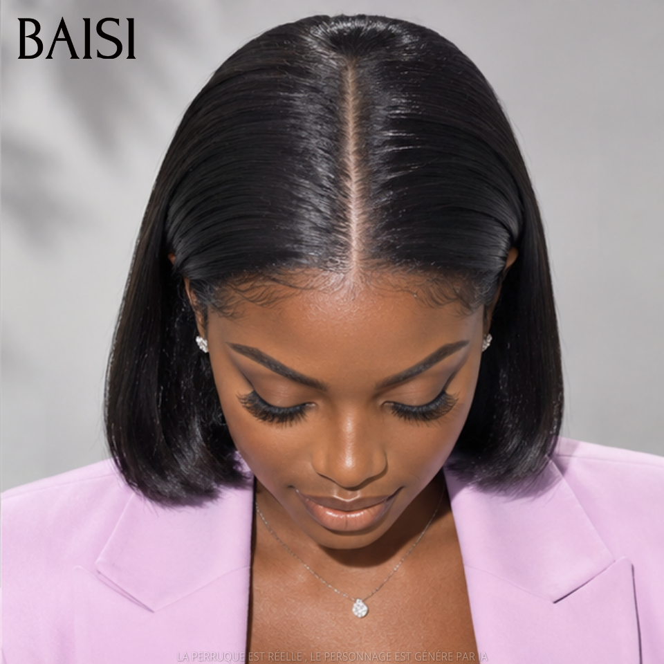 BAISI Perruque Carrée 13X4 Lisse NOIR BOB Pré-plucked Pas Besoin de Colle en 100% Raw Hair Lace déjà couper