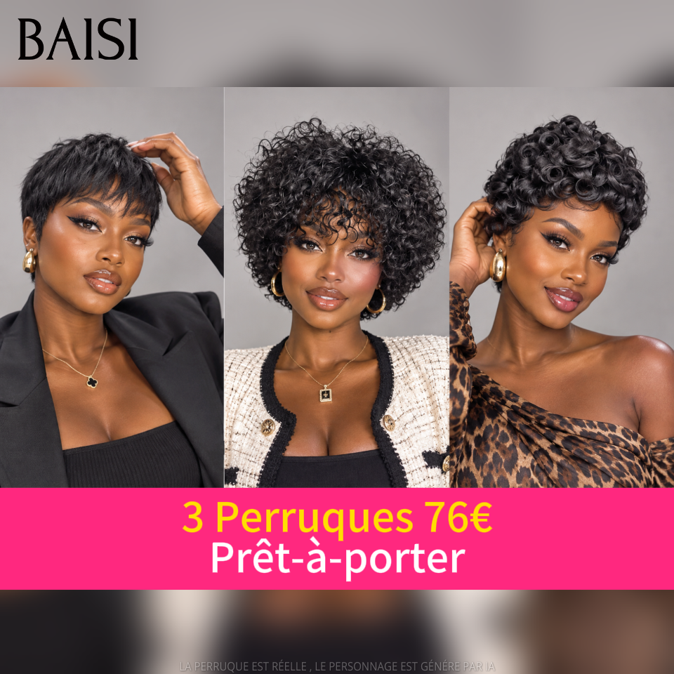 BAISI HAIR FR 3 Perruques 76€ pixie sans colle sans lace En 100% Cheveux Humains