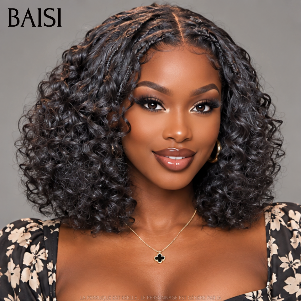 BAISI 4x4 Lace closure Perruque water wave NOIR 12 Pouces avec coiffure tressée natte 300%densité 100% Cheveux Humains