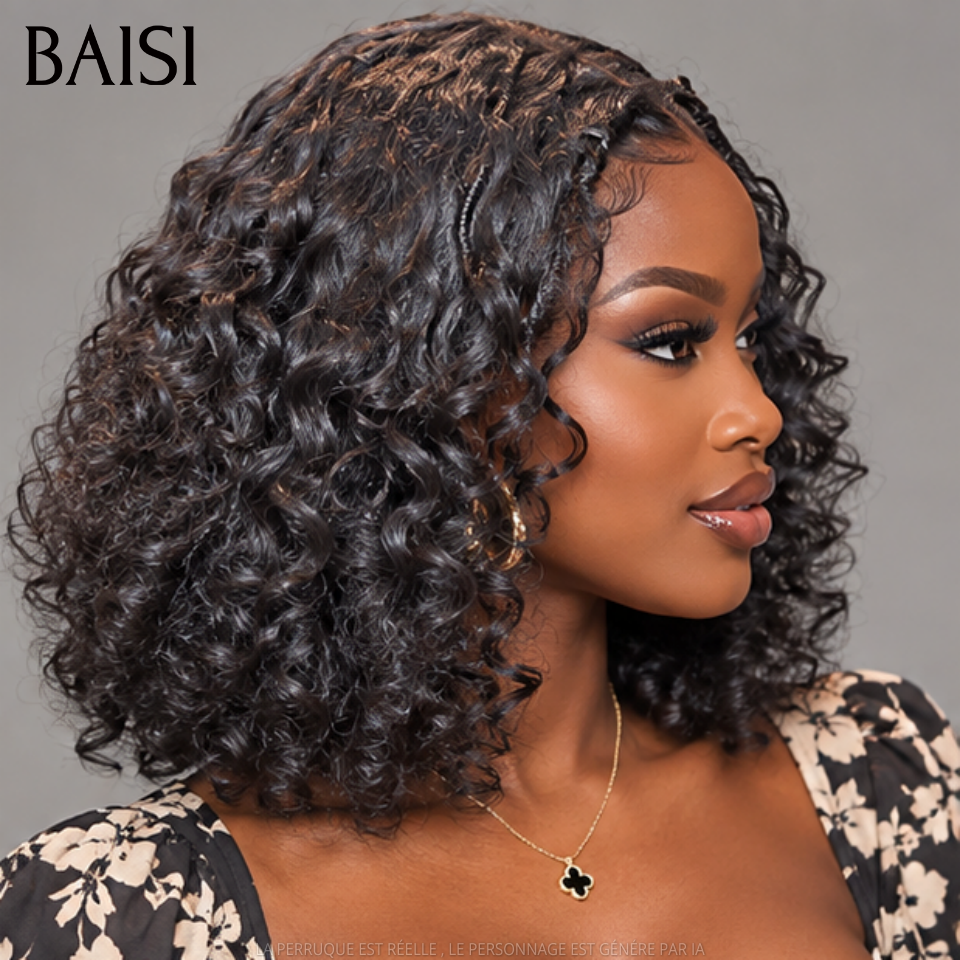 BAISI 4x4 Lace closure Perruque water wave NOIR 12 Pouces avec coiffure tressée natte 300%densité 100% Cheveux Humains