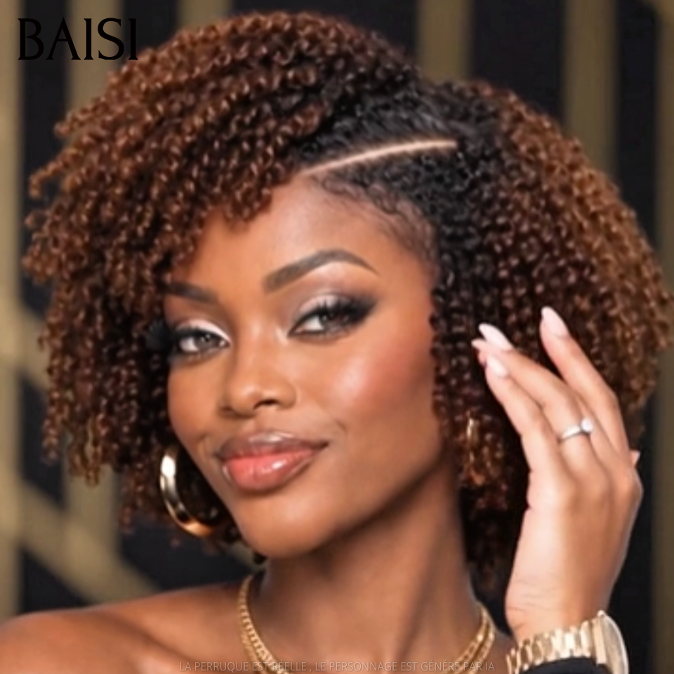 BAISI 13x6 Lace Perruque Bob Kinky Curly Coiffée Toutes les Couleurs disponible Avec Raie de Côté Nouveautés en 100% Cheveux humains