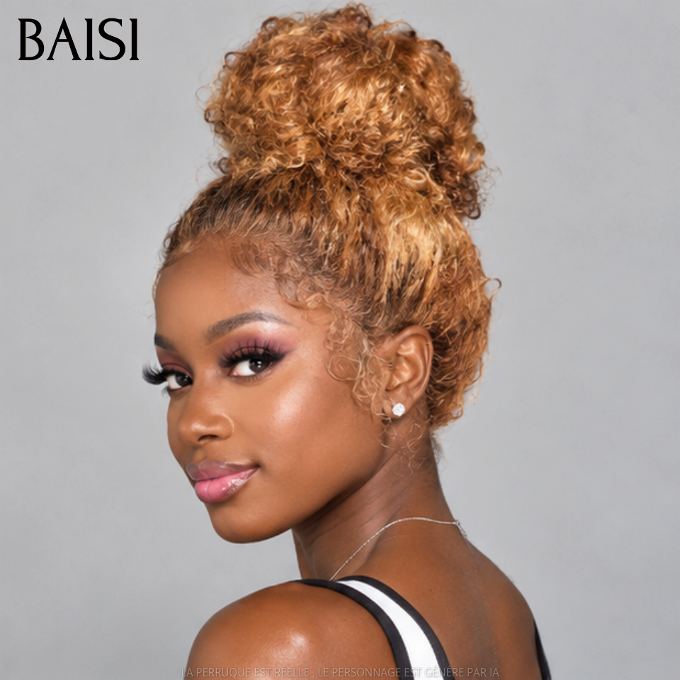 BAISI perruque Upgrade Invisible Strap 360 Frontal curly wave en Couleur Miel #4/#27 18 Pouces Lace frontale 360 invisible et réglable Pré-plucked Pas Besoin de Colle 250% densité en 100% Raw Hair Lace déjà couper