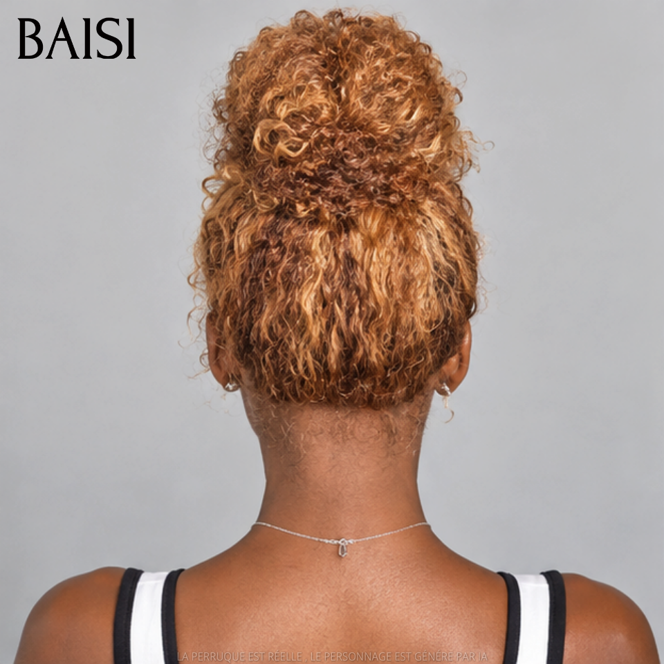 BAISI perruque Upgrade Invisible Strap 360 Frontal curly wave en Couleur Miel #4/#27 18 Pouces Lace frontale 360 invisible et réglable Pré-plucked Pas Besoin de Colle 250% densité en 100% Raw Hair Lace déjà couper