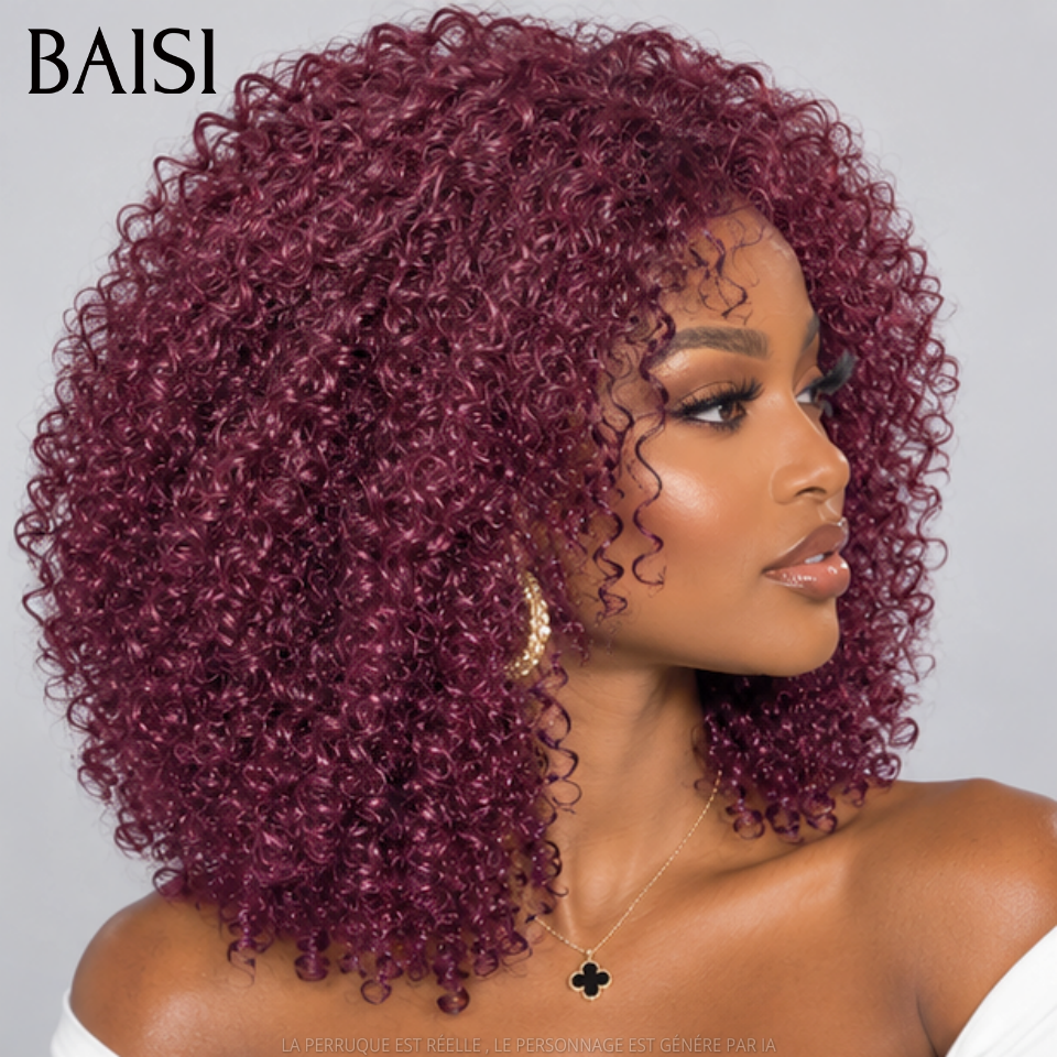 BAISI Perruque curly avec Frange 12 Pouces 85€ couleur 99J# bordeaux sans Colle ou 20 pouces densité 300% 249€ 13x4 lace en 100% Cheveux Humain Hair