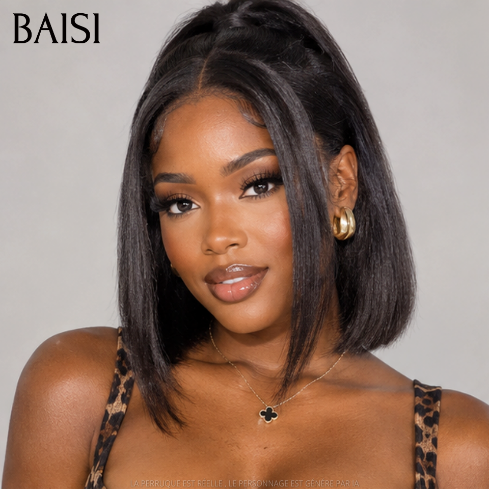 BAISI PROMO 88€ en chignon bun 13X4 lace frontal Perruques kinky straight Sans Colle Lace déjà couper NOIR 10 pouce ou 20 pouces 129€ en 100% vrais cheveux humains