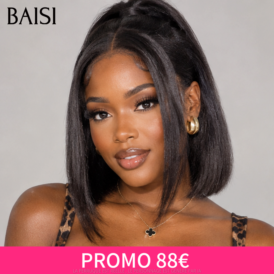 BAISI PROMO 88€ en chignon bun 13X4 lace frontal Perruques kinky straight Sans Colle Lace déjà couper NOIR 10 pouce ou 20 pouces 129€ en 100% vrais cheveux humains