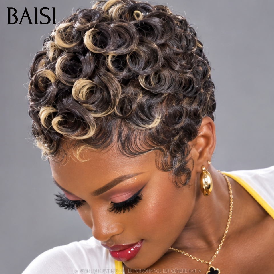 BAISI Perruque pixie chioma OFFRE FLASH 45€ Fabriqué à la Machine Promotion Mixte Miel en 100% Cheveux Humains