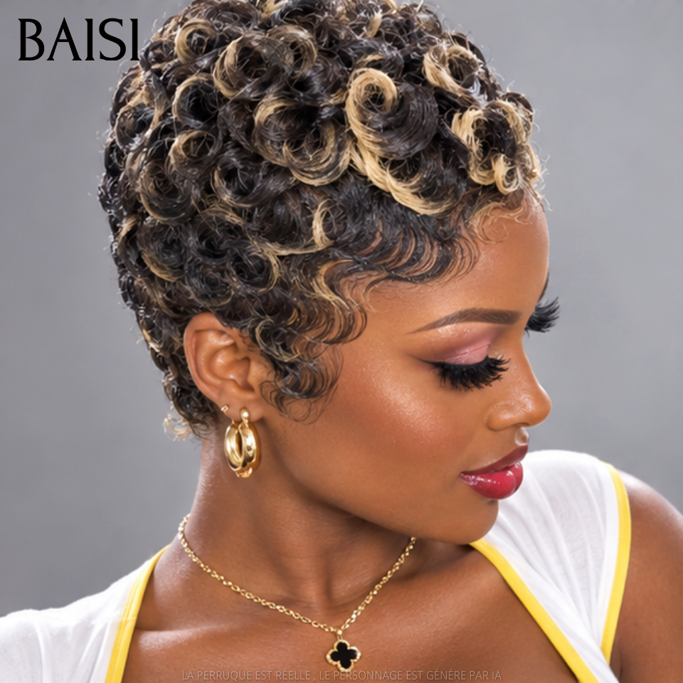 BAISI Perruque pixie chioma OFFRE FLASH 45€ Fabriqué à la Machine Promotion Mixte Miel en 100% Cheveux Humains
