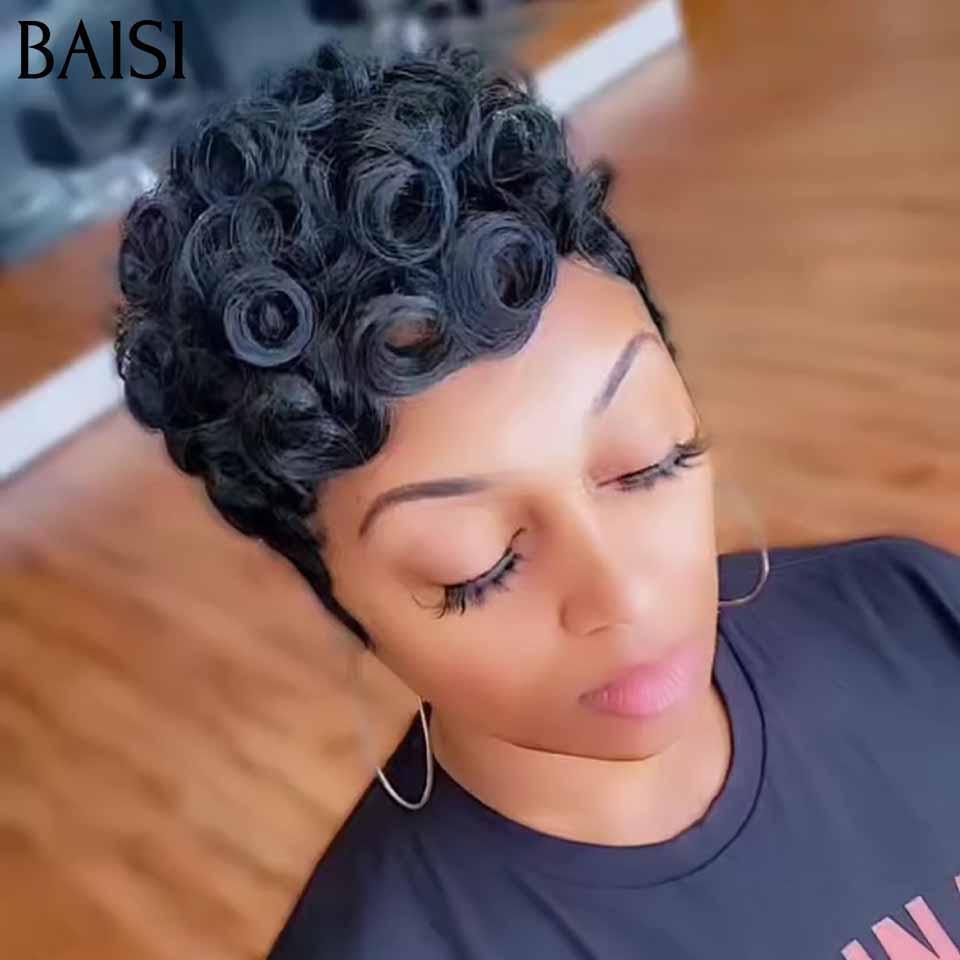 BAISI Oferta Flash PRETO 38€ Peruca Pixie Finger Wave corte curto, fabricada à máquina, em 100% cabelo humano B