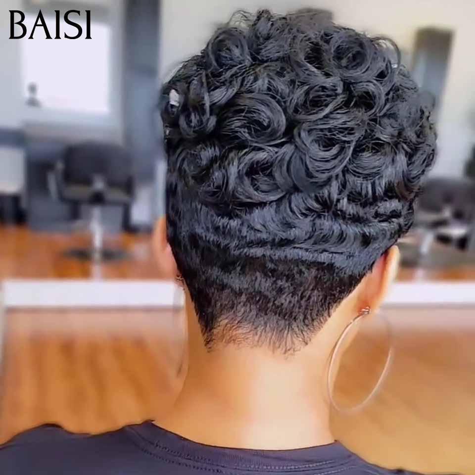 BAISI Oferta Flash PRETO 38€ Peruca Pixie Finger Wave corte curto, fabricada à máquina, em 100% cabelo humano B