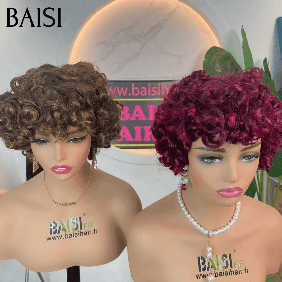 BAISI sem cola, sem lace Peruca Cacheada Egg Wave Castanho e Bordeaux em 100% Cabelo Humano