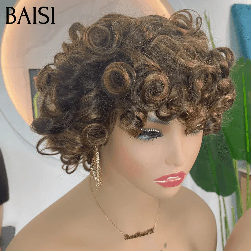 BAISI sem cola, sem lace Peruca Cacheada Egg Wave Castanho e Bordeaux em 100% Cabelo Humano