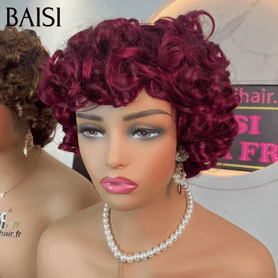 BAISI sem cola, sem lace Peruca Cacheada Egg Wave Castanho e Bordeaux em 100% Cabelo Humano