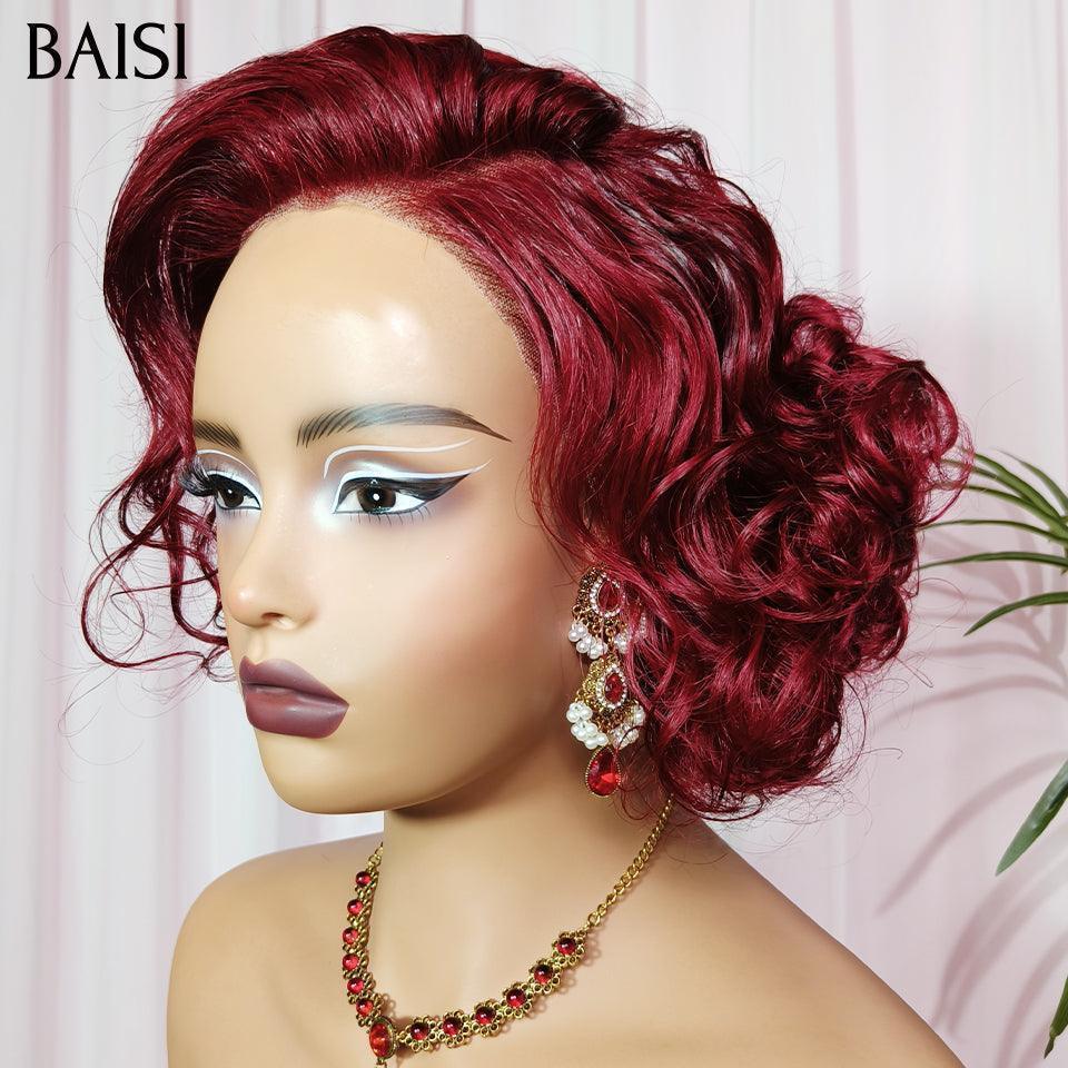 BAISI Peruca 13X4 lace frontal Bob com caracóis em espiral, risca lateral, bordeaux 99J# 66€ em 100% Cabelo Humano