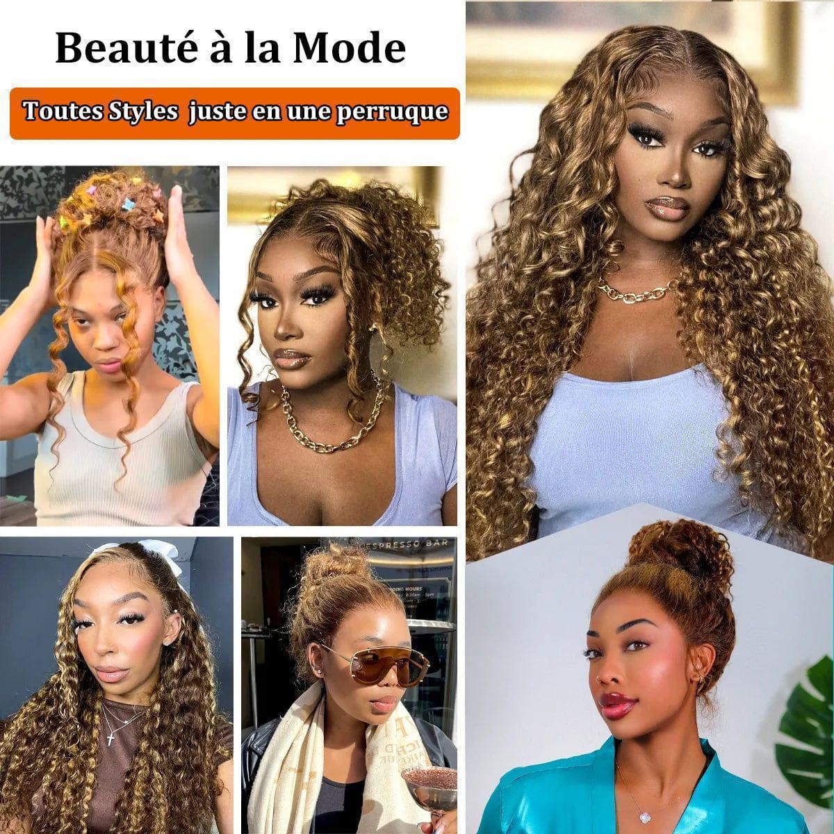 BAISI wig Upgrade Invisible Strap 360 Frontal curly wave in Honey Color #4/#27 18 Inch Invisible and adjustable 360 lace frontal Pre-plucked No Glue Needed 250% density in 100% Raw Hair Lace already cut
