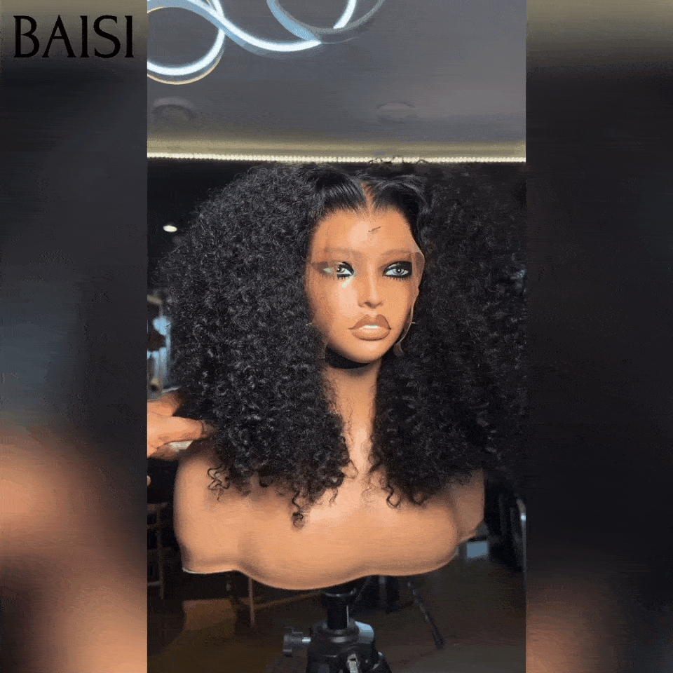 BAISI T part lace perruque Afro Curly Wave avec 18 pouces naturel 300% densité plus de 20 ans d' utilisations 100% vrais cheveux humains