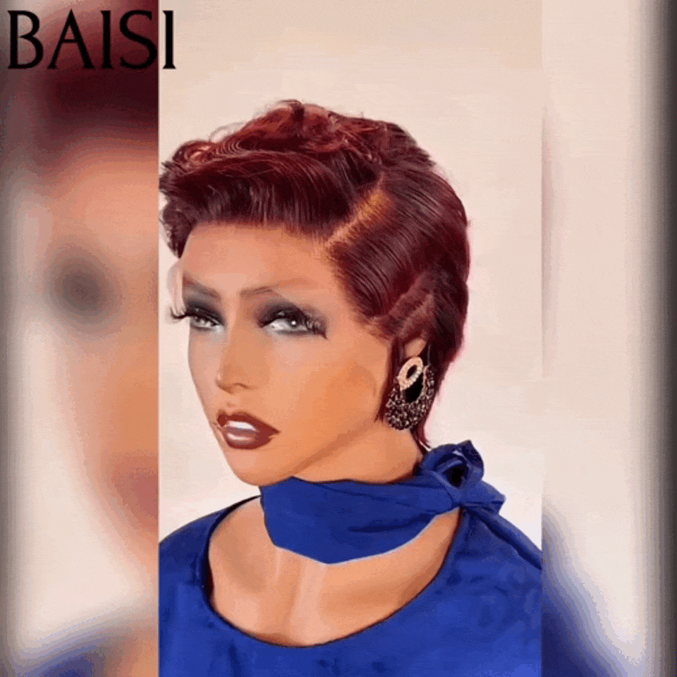 BAISI 13X4 lace Perruque Pixie vague En Couleur 99J# 65€ en 100% Cheveux Humains