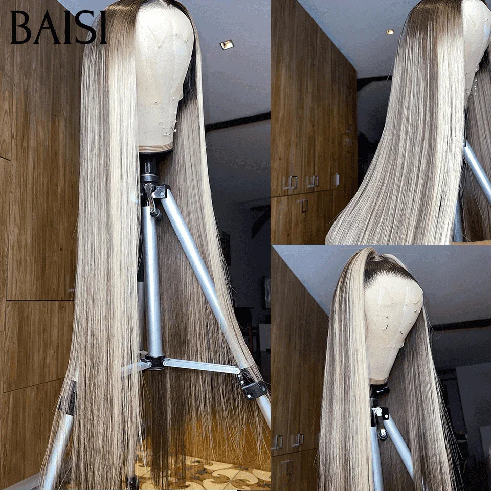 BAISI Collection Poivre et Sel 13x4 Perruque En couleur personnalisées Grise mixte 70# Lisse Sans Colle Lace déjà couper Facile à Porter en 100% Cheveux Humains B