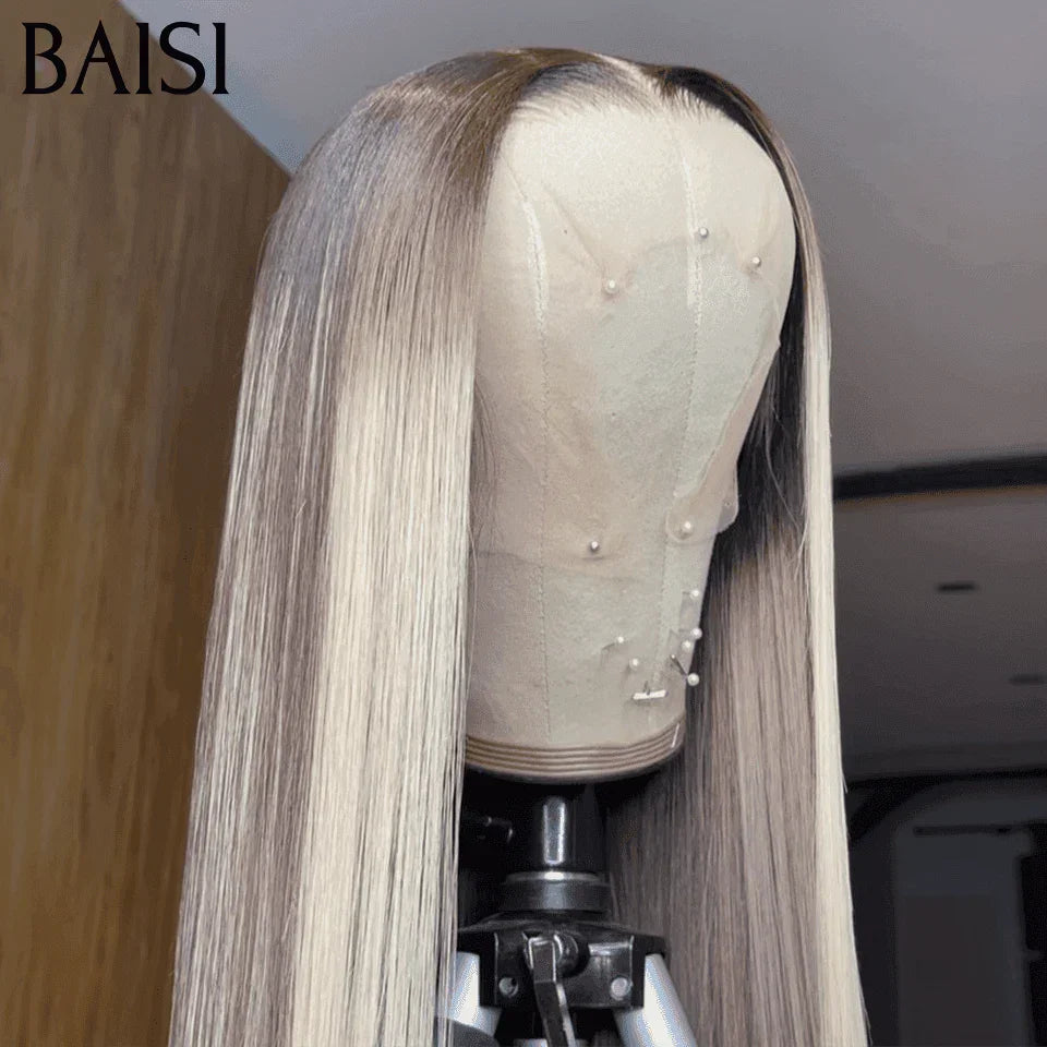 BAISI Collection Poivre et Sel 13x4 Perruque En couleur personnalisées Grise mixte 70# Lisse Sans Colle Lace déjà couper Facile à Porter en 100% Cheveux Humains B