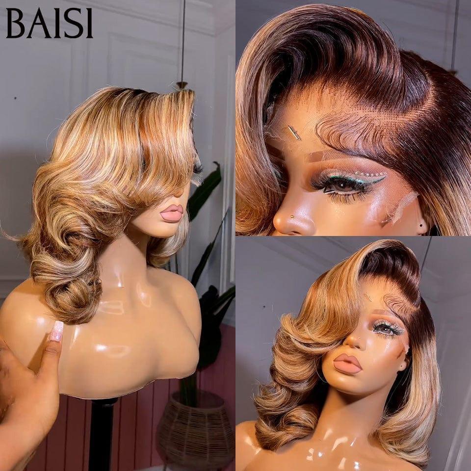 BAISI 13x4 Frontal Perruque bob 12 Pouces BOUCLES en couleur personnalisées 1B/MIXTE 250% densité plus de 20 ans d' utilisations en 100% Raw Hair