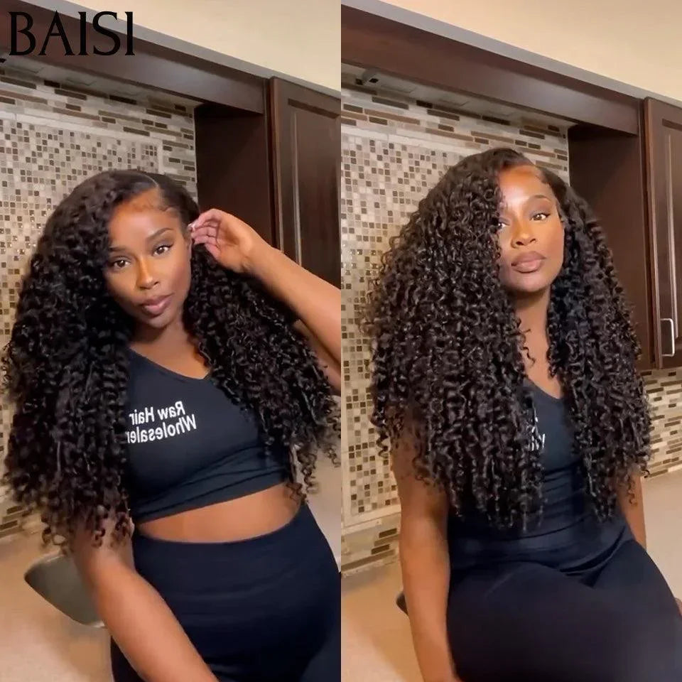 BAISI 4X4 Perucas 20 polegadas 185€ de Luxo Volume 200% densidade preto Curly Wave double drawn madeixas virgens em 100% cabelo humano