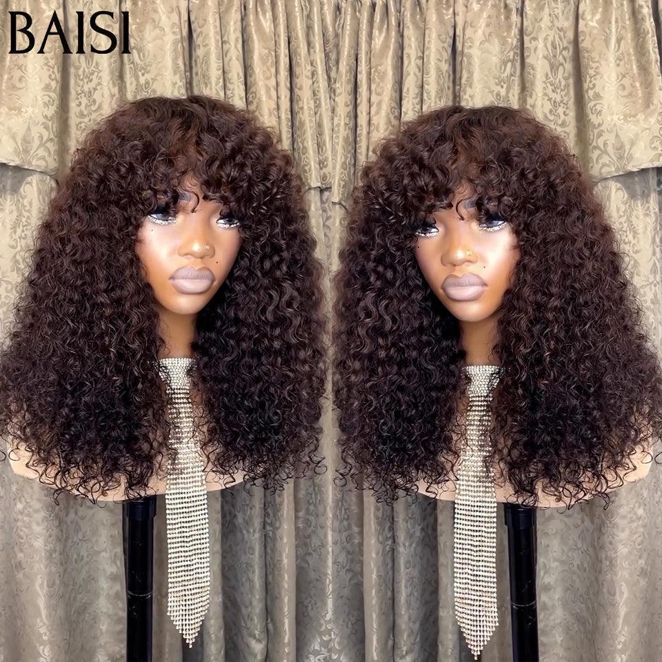 BAISI Perruque Lisse avec Frange 30# miel ou Bouclée curly Wave avec Frange 18 Pouces 300% densité en Couleur marron en 100% Cheveux Humains