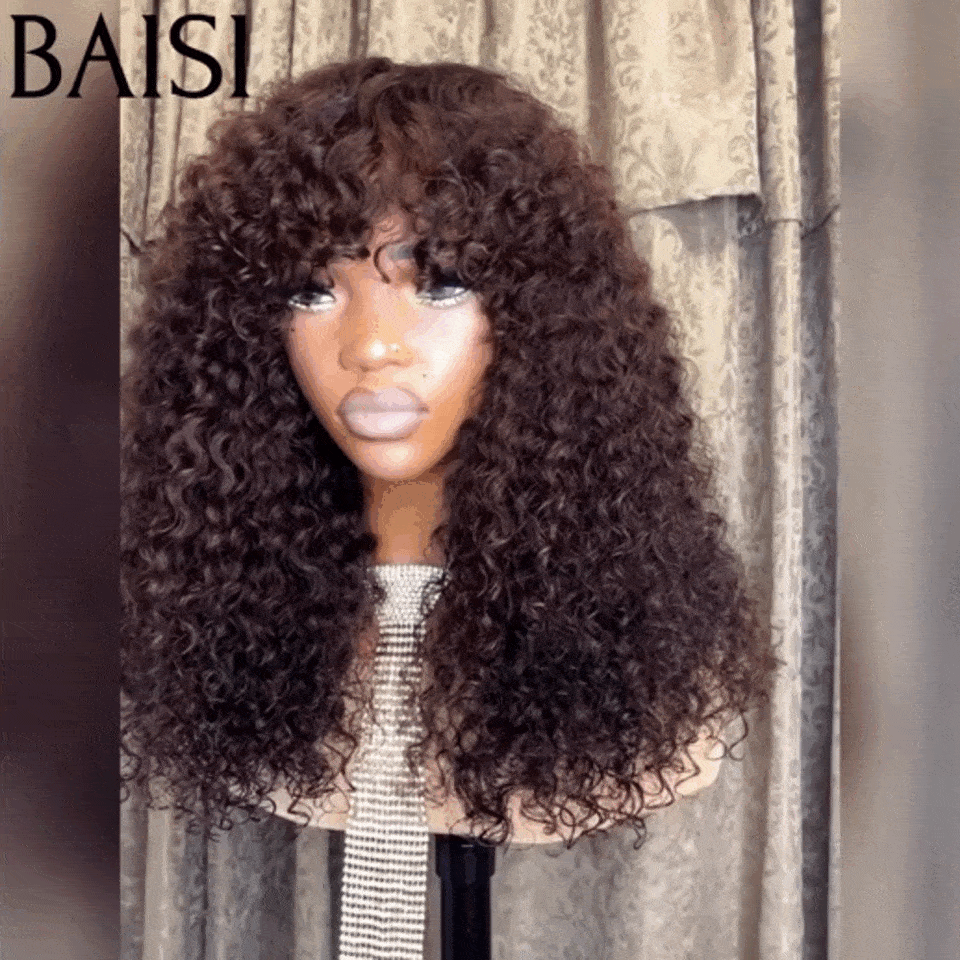 BAISI Perruque Lisse avec Frange 30# miel ou Bouclée curly Wave avec Frange 18 Pouces 300% densité en Couleur marron en 100% Cheveux Humains