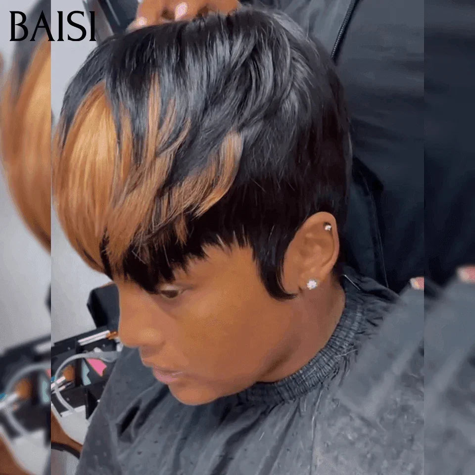 BAISI Perruque Pixie 47€ Lisse NOIR ou Mixte sans Colle sans lace Couleurs personnalisées en 100% Cheveux Humains