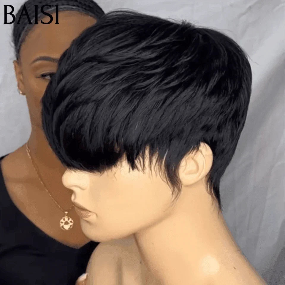 BAISI Perruque 48€ TVA 0€ pixie en France sans Colle sans lace en 100% Cheveux Humains
