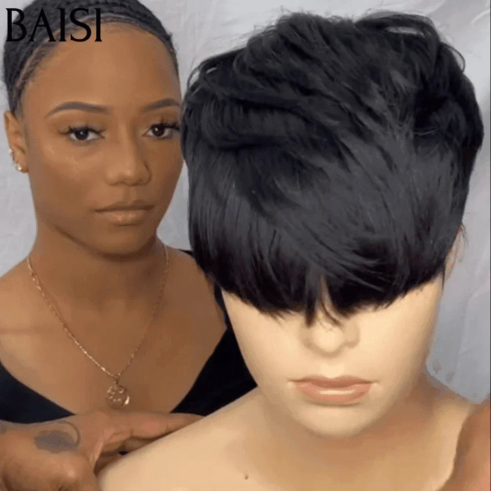 BAISI Perruque 48€ TVA 0€ pixie en France sans Colle sans lace en 100% Cheveux Humains