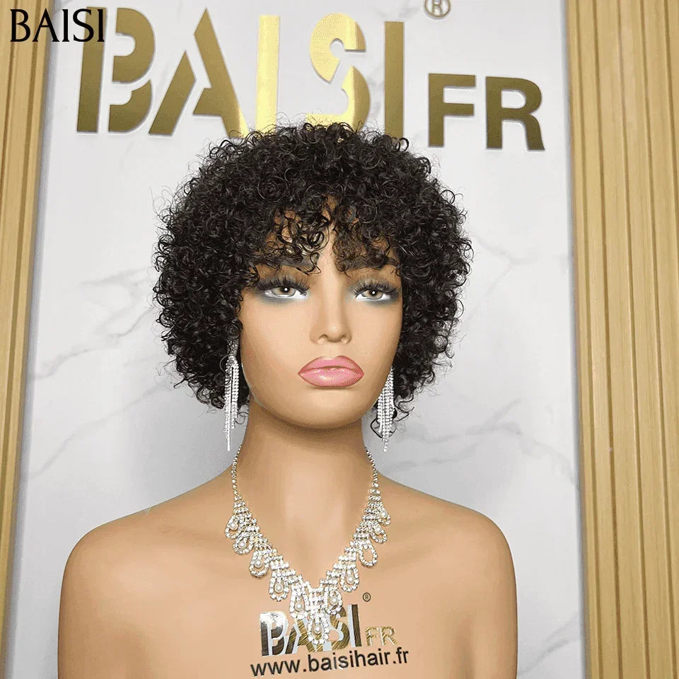 BAISI Fecho lace 4x4 Bob egg wave Castanho 10 Polegadas 69€ ou Oferta Flash 49€ Peruca pixie curly wave com franja em preto sem lace em 100% Cabelo Humano BS65