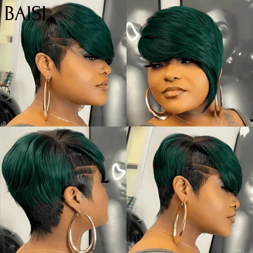 BAISI Perruque Ondulée Coupe Pixie 13X4 Frontal Perruque personnalisée Lisse en noir 48€ et Couleur Noir Mix vert 99€ en 100% cheveux humains