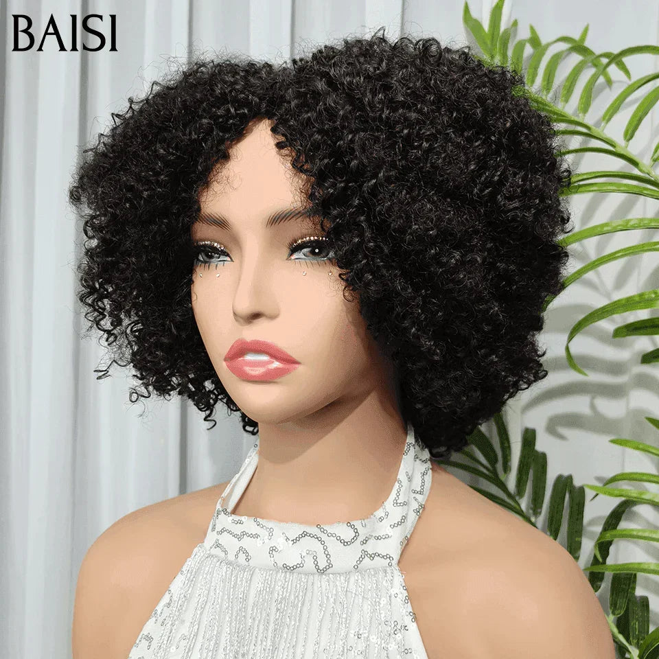 BAISI BOB en Couleur NOIR afro curl avec frange petite coupe fabriqué à la machine Sans Colle Sans Lace BS65