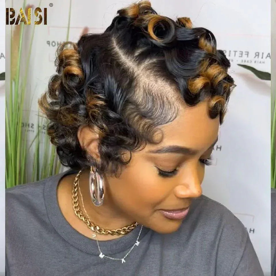 BAISI Perruque Full Lace 100% Cheveux Naturels Perruque Ondulée Coupe personnalisée boucles Pixie Full Lace Perruque 148€ en Couleur noir Mix Marron 30# en 100% cheveux humains