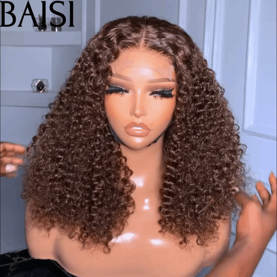 BAISI HAIR FR Grand SOLDES TVA 0€ Volume 250% densité 14 Pouces Couleur Marron #4 Lace 4X4 Perruques de Luxe curly Wave double drawn mèches vièges en 100% Cheveux Humains