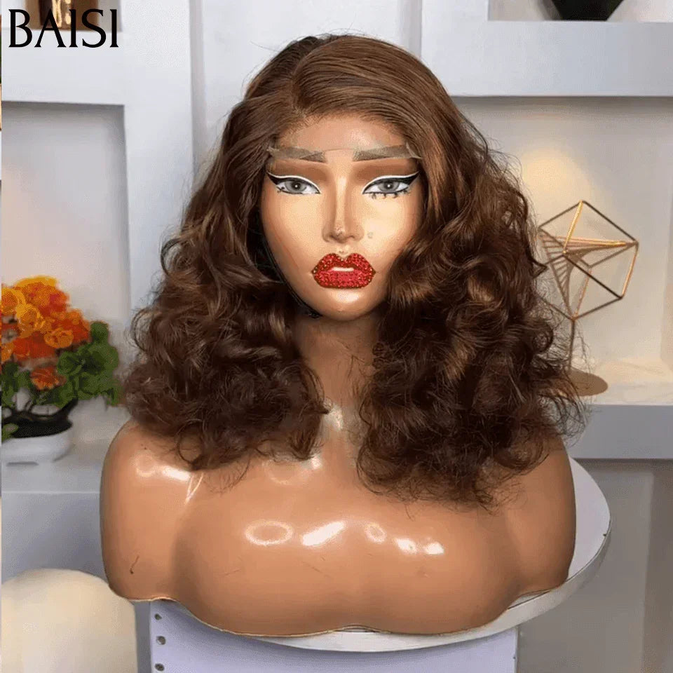 BAISI 13X4 lace Perruque Bouclée Naturelle Wave En Couleur Marron 4# 300% Densité en 100% Cheveux Humains