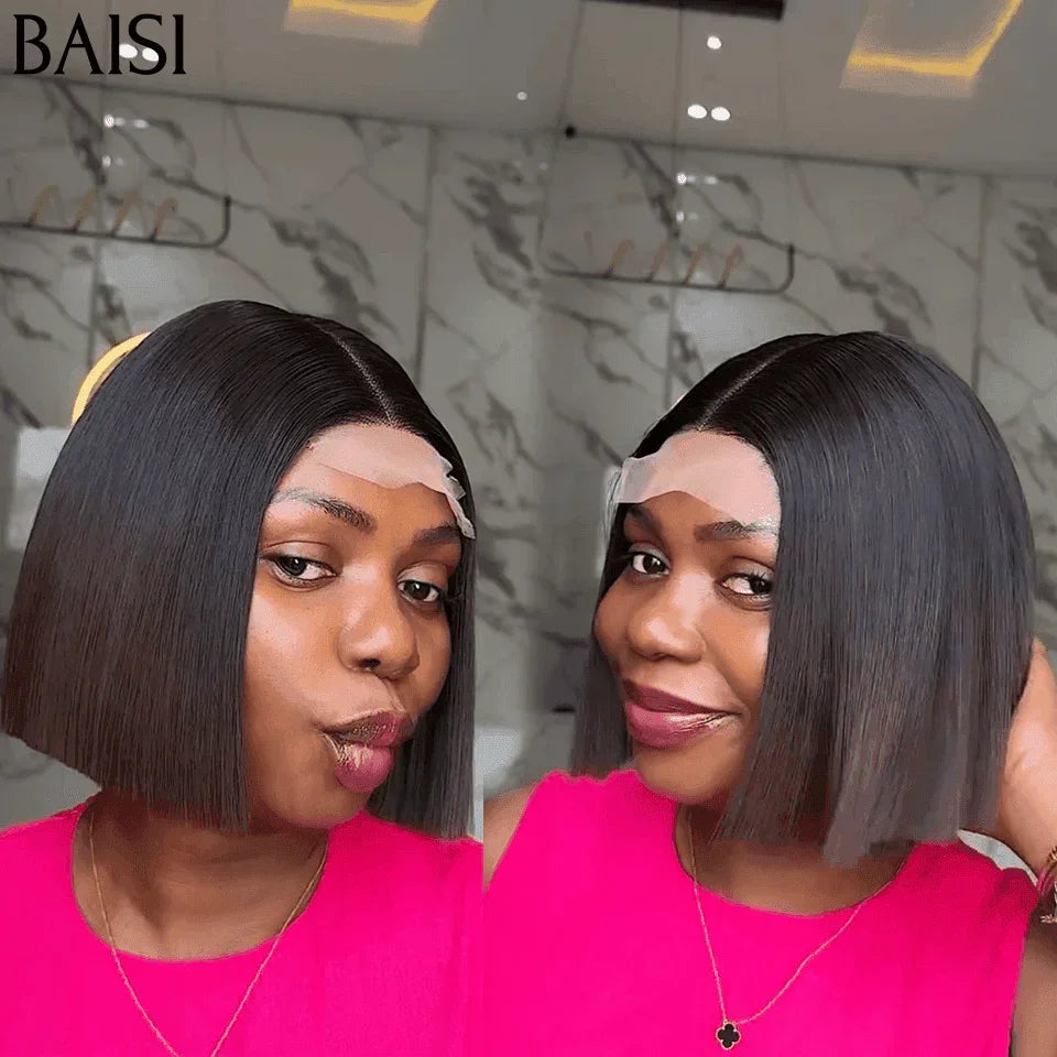BAISI 2X6 lace Perruque BOB Lisse 98€ de Luxe Haute Qualité Viêtnam Hair Lisse BOB en Couleur Marron avec racine noir 1BT4# en 100% Cheveux Humains FR38
