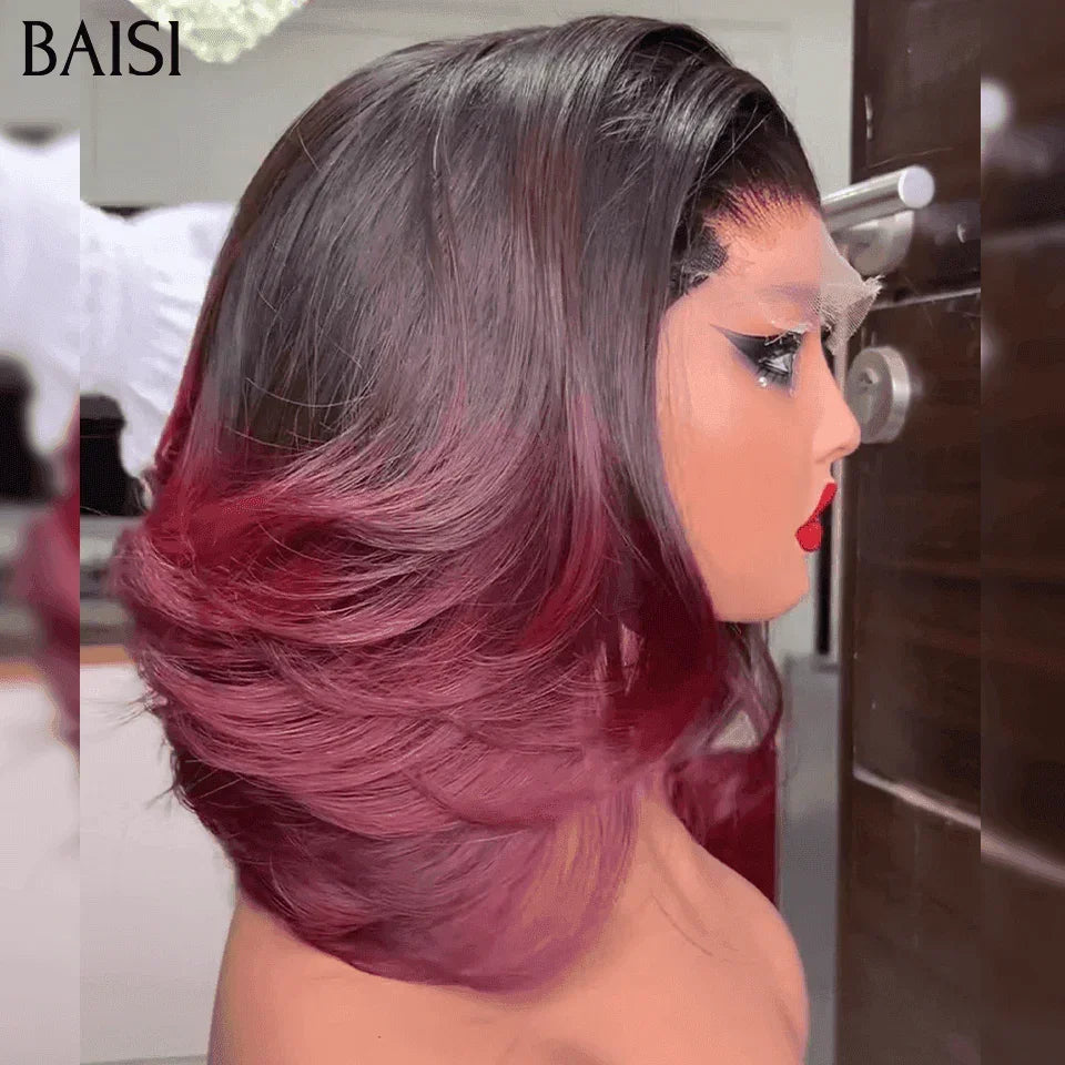 BAISI Lace 2X6 closure Perruque Lisse Tout Rouge Bordeaux 99J# 12 Pouces DE luxe en 100% Cheveux Humains MP50