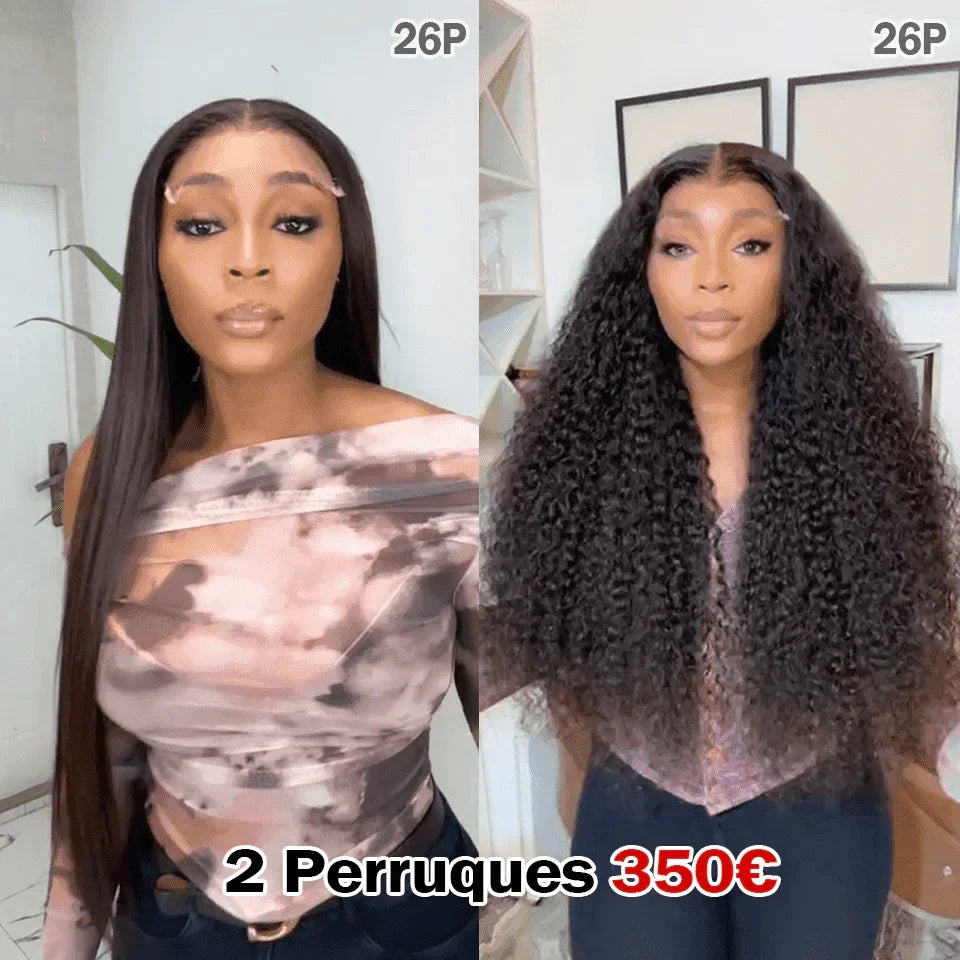 BAISI 2 perruques 239€ lace frontal 26 Pouces curly wave et Lisse ou 2 Perruques 350€ 4X4 lace Lisse 26 Pouces et curly wave 26 Pouces NOIR 200% densité en 100% Cheveux Humains BS65