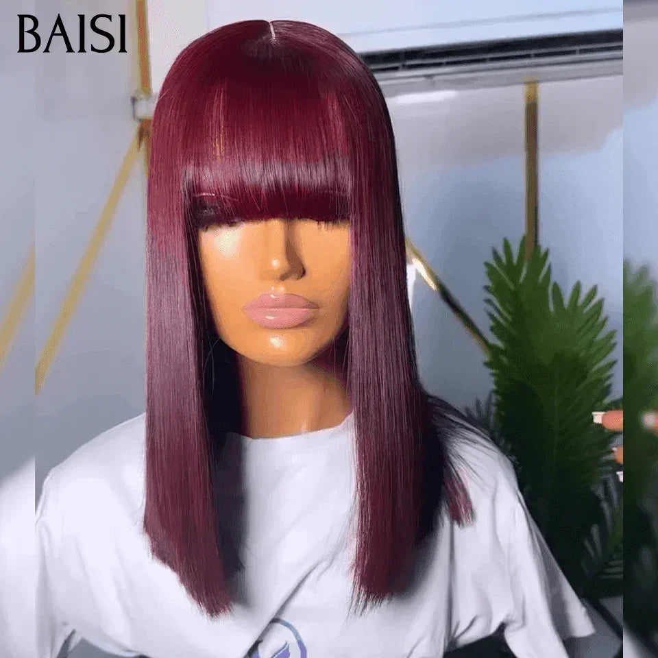 BAISI BLACK FRIDAY PROMO 129€ PERRUQUE ROUGE BORDEAUX AVEC FRANGE FABRIQUÉ À LA MACHINE SDD bone straight de Luxe 100% Vietnam Hair