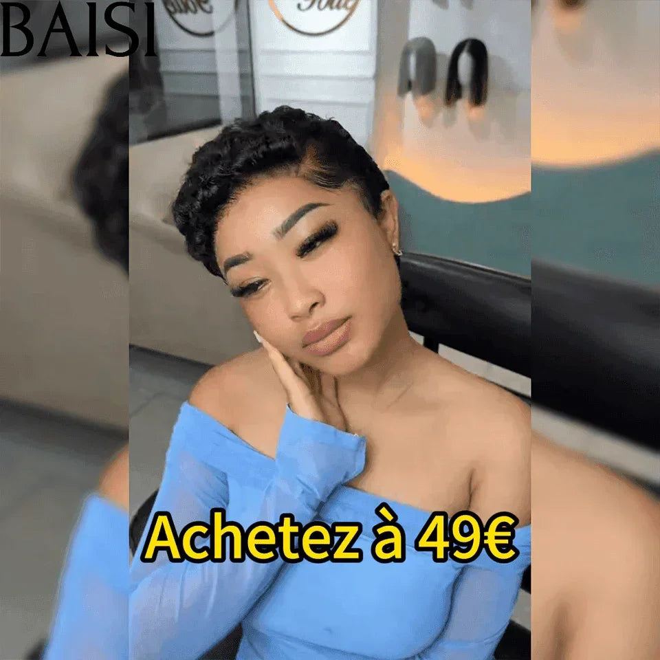 BAISI Parrucca pixie ondulata 6 pouce 49€ frontale 13*4 100% capelli umani 100% identica alla foto