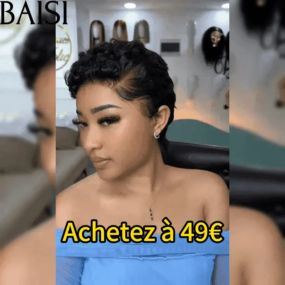 BAISI Parrucca pixie ondulata 6 pouce 49€ frontale 13*4 100% capelli umani 100% identica alla foto