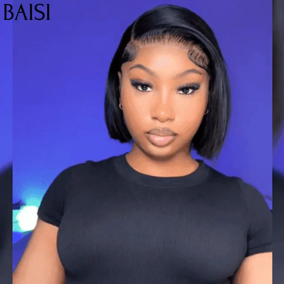 BAISI 13x4 Straight Bob Wig in Black Glueless Lace Front Cut Easy to Wear 100% Human Hair B