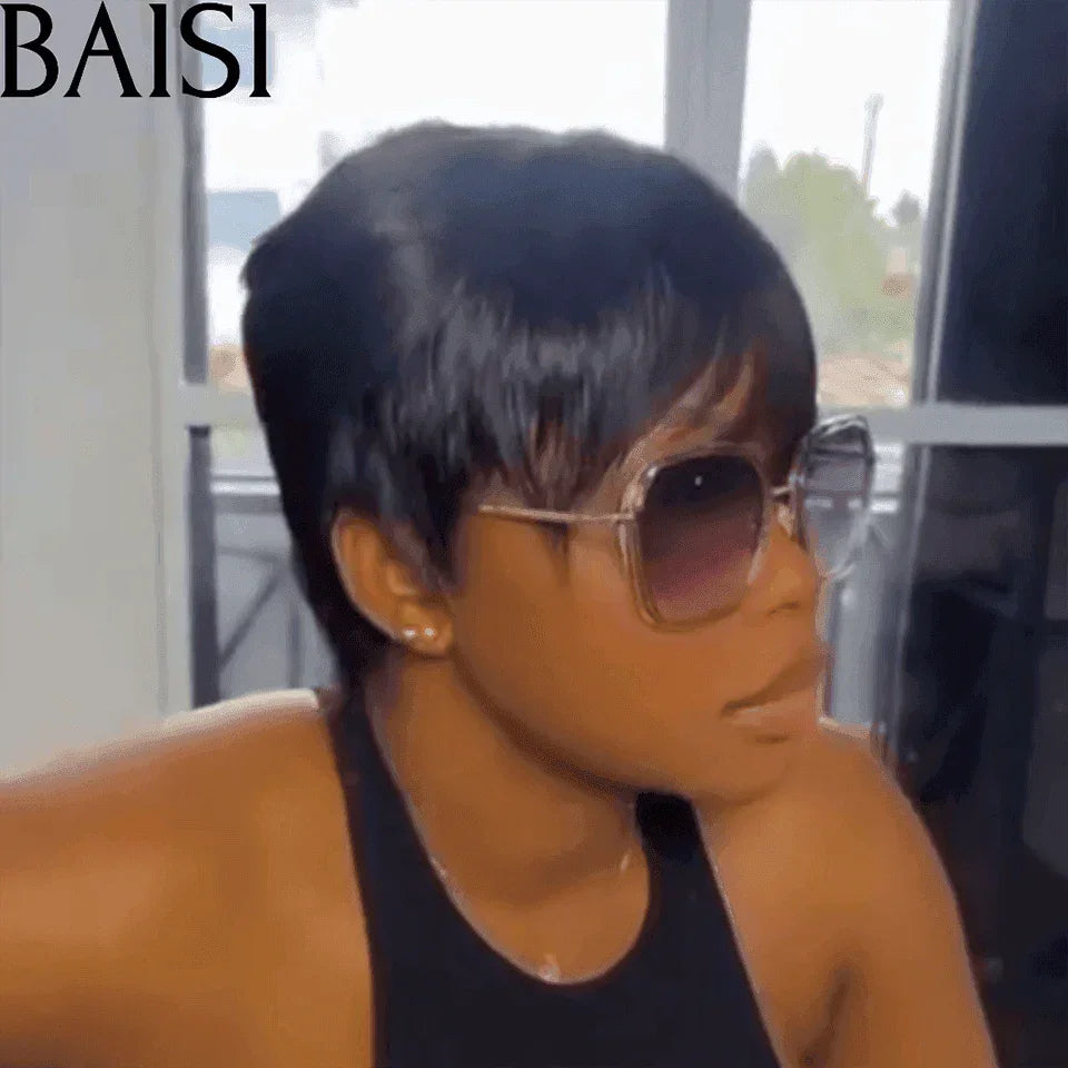 BAISI Perruque 1 perruque 49€ TVA 0€ sans Colle sans lace NOIR petite coupe fabriqué à la machine en 100% Cheveux Humains