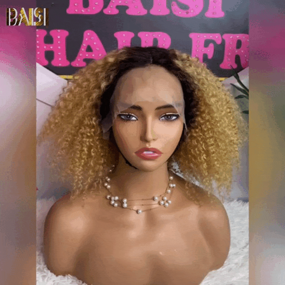 BAISI T parte PARRUCCA RICCIOLUTA CURLY Colore Miele con Radice Nera 1BT27# In 100% CAPELLI UMANI BS120